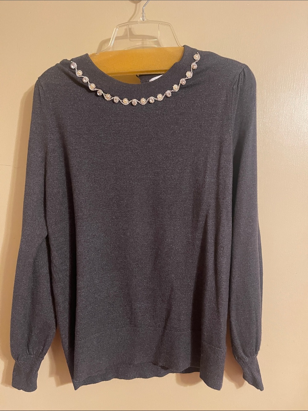 Liz Claiborne Dark Gray Jeweled Crewneck Sweater